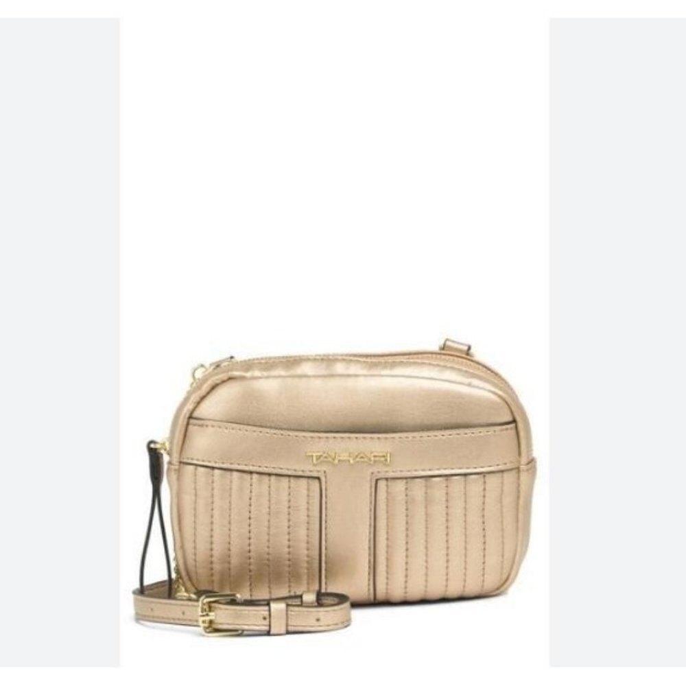 TAHARI On-The-Go quilted vegan leather women's mini crossbody camera bag	-GOLD